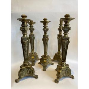 Set Of 5 Bronze Candlesticks With Golden Patina XIX