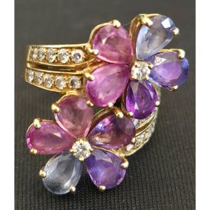 Bvlgari Ring "sapphire Flower" In 18k Yellow Gold And Multicolored Sapphires