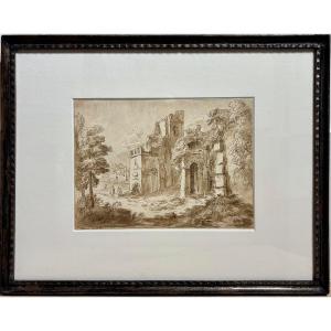 Jb-busiri (1698-1757) Early 18th Century Drawing, Italian Landscape.