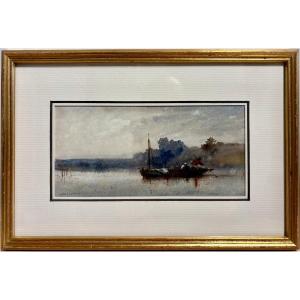 Jules Noël (1810-1881) Fishermen On The Pond, Watercolor On Paper.