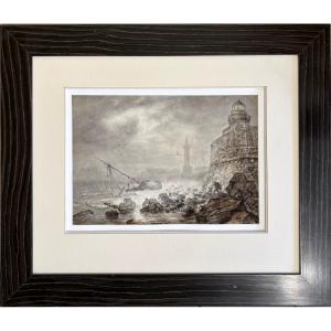 "shipwreck" 19th Century School, Ink Wash And Brown Watercolor.