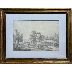 French School Circa 1800, Passage Of Cows On The Bridge.