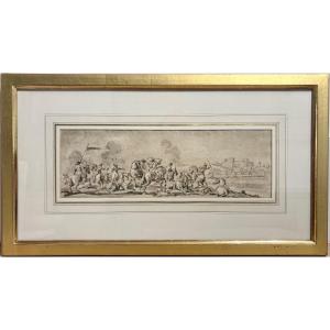 Battle Scene, 18th Century Italian Drawing, Ink And Wash.