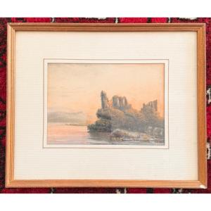 Jules Coignet - Watercolor Landscape With Ruins