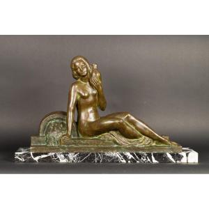 Nude - Lady With A Pigeon, Georges Raoul Garreau (1885-1955), Bronze, Art Deco, France, 1920/30