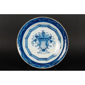 Dish With Basket Of Flowers, Earthenware, Delft, Netherlands, 18th Century.
