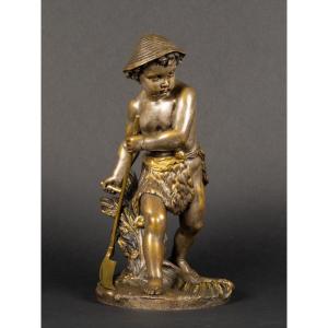 Boy Mowing Wheat, Silver Bronze, Eugène Laurent (1832-1898), France, 19th Century.