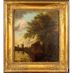 Landscape With Windmills, Oil On Wood, 18th / 19th Century.
