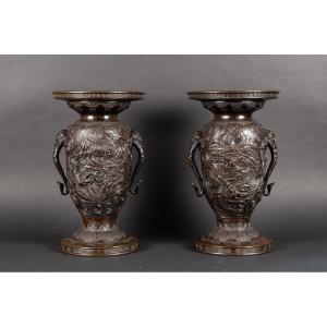 Pair Of Vases With Elephants And Dragons, Bronze, Japan, Meiji Era (1868-1912).