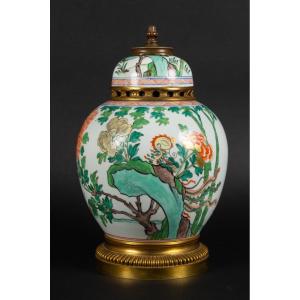  Famille Verte Vase With Bronze Mount, Samson, France, 19th Century. 