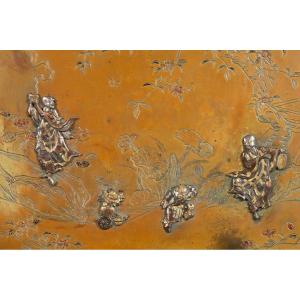 Tray - Basket With Figures, Various Metals, Japan, Meiji Era (1868-1912). 