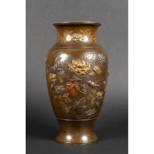 Vase With Birds And Flowers, Bronze And Other Metals, Japan, Meiji Period (1868-1912)