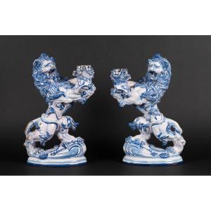 Pair Of Lions - Candlesticks, Emile Gallé, Earthenware, Saint-clément Manufactory, Late 19th Century.