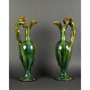 Pair Of Jérôme Massier Jugs, Vallauris, Art Nouveau, Circa 1900.
