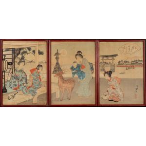 Aki No Miyajima Autumn Moon, Ukiyo-e Triptych, Watanabe Nobukazu (1872 - 1944)