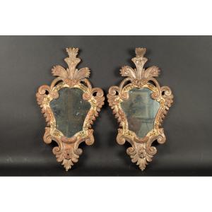 Pair Of Mirrors, Painted And Silvered Wood, Italy, 18th Century. 