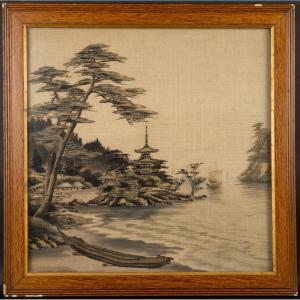 Pagoda On An Island, Yuzen Birodo Embroidery, Japan, Meiji Era (1868-1912).  