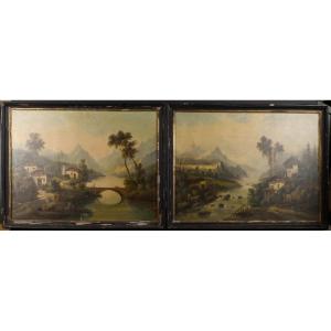 Pair Of Mountain Landscapes, Oil On Canvas, Signed, 1871. 