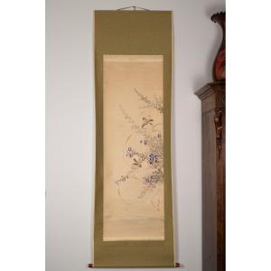 Pair Of Sparrows And Flowers, Unzan, Kakemono, Japan, 19th-20th Century