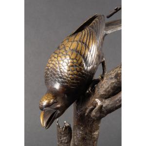 Crow On A Branch, Signed, Bronze, Japan, Meiji Era (1868-1912).  