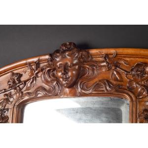 Carved Walnut Mirror, Lyon, Cl. Marotte, Art Nouveau, Circa 1900