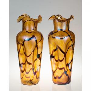 Pair Of Large Iridescent Vases, Pampas, Kralik, Art Nouveau, Bohemian, Around 1900