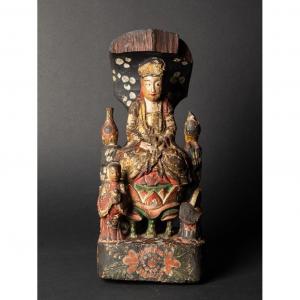 Buddhist Group, Polychrome Wood, Tibet, 19th Century.