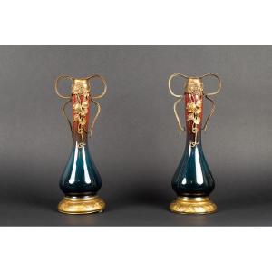 Pair Of Vases, Art Nouveau, Ceramic And Gilt Bronze, Germany?, Circa 1900.