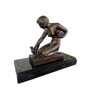 H.plisnier Bronze Art Deco Woman With Cats 