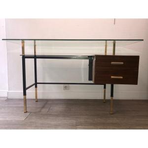 Italian Work Desk 1950 Glass And Mahogany