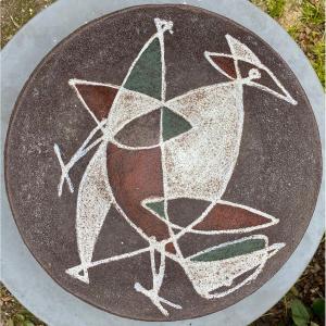 Large Bowl With Fish Motifs, Made By Potters From Accolay Around 1950