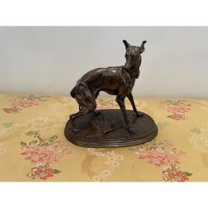 Bronze Greyhound With A Fan Signed By P.j Mene On The Base
