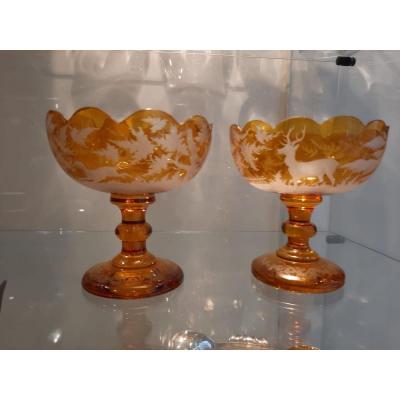 Pair Of Bohemian Crystal Cup End XIXth Amber Color