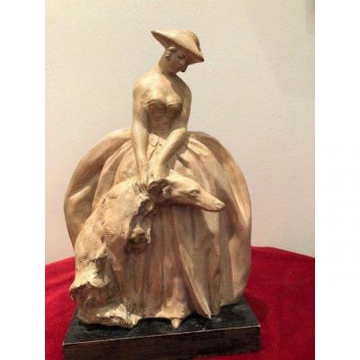 Terracotta "lady With A Dog" Signed Louis Icart
