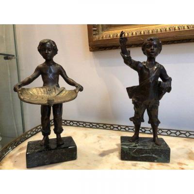 Pair Of Bronzes " Boy Selling Bread And Shoe Shine Boy "