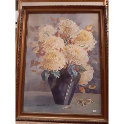 Watercolor "chrysanthemes" Signed Bottom Left Germaine Manach