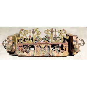 Chariot Element In Carved And Polychrome Wood. Wrought Iron Decor. Sicily, 19th Century.