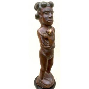 Old Female Statue With Animal, Hardwood. Sakalava, Madagascar. Late 19th Century, Early 20th.