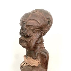 Wooden Fetish With Brown Patina, Copper And Skin. Songyé, Drc Mid 20th Century.