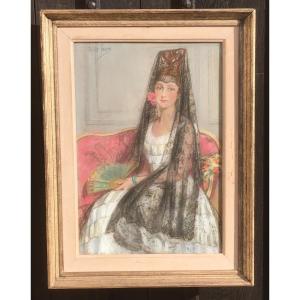 Pastel On Canvas Of A Spanish Woman In Mantilla By Anne Faure. France Mid 20th Century.