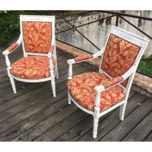Pair Of Armchairs With Directoire Lacquered Beech Upholstery. France Late 18th Century.
