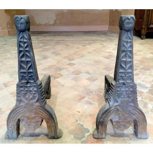 Pair Of Large Andiron Landiers In Cast Iron From The Gothic Period. France 15th Century.