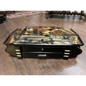 Dressing Table Box In Polychrome And Gold Lacquered Wood. Indochina, Vietnam Mid 20th Century.
