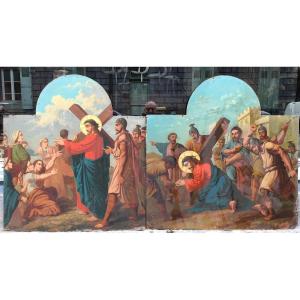 Pair Of Paintings On Sheet Metal, Scenes From The Life Of Jesus Christ By Ch. Termos. Late 19th Century. 