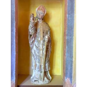 Statue Of Saint Remi In Polychrome Bourbonais Stone. France Late 13th - Early 14th Century. 