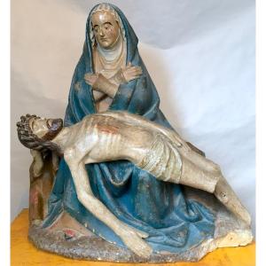 Gothic Statue Of Large Pieta In Polychrome Stone. France Late 15th Century.
