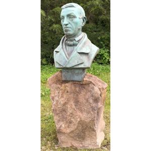 Bronze Bust With Green Patina On Stone Base. Léon Masselotte. France Mid-19th Century.