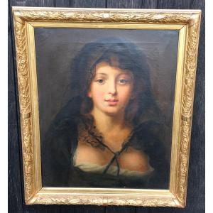 Portrait Of A Young Girl, Oil On Canvas In A Golden Frame. After Jb Greuze. Late 19th Century
