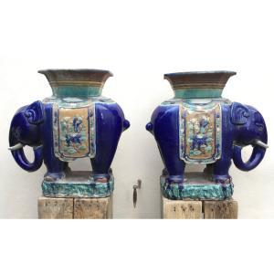 Pair Of Ceramic Elephant Stools Cai Mai Ou Biên Hoà. Vietnam Indochina 19th - 20th Century