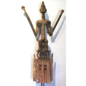 Large Polychrome Wooden Satimbe Mask With Ritual Patina. Dogon, Mali. 20th Century.